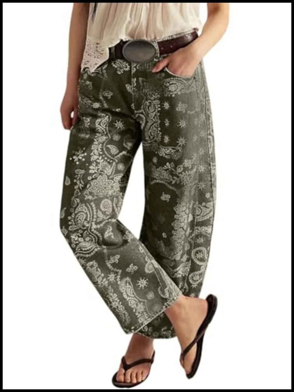 Women's Baggy Barrel Jeans Floral Print Denim Ankle Pants Wide Leg Mid Rise